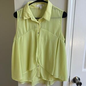 Y2K Forever 21 Lime Green Sleeveless Chiffon Button Down Blouse High Low Large